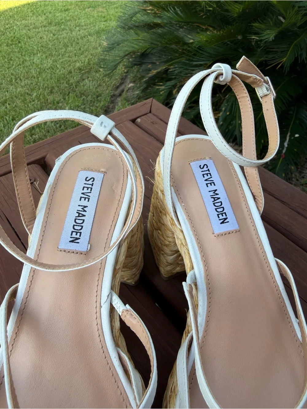 Steve Madden Belise White Leather Raffia Platform Heels 8 $130 Retail